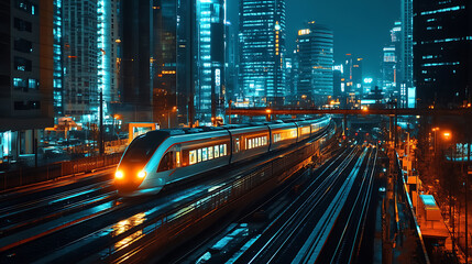 Fototapete - Photo of modern high speed train passing through the city at night