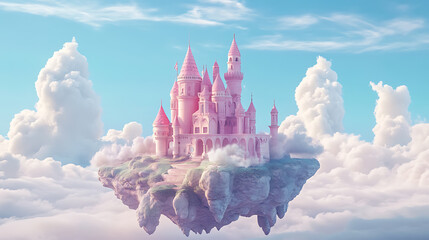 Poster - Pink magic castle on floating island in blue sky with fluffy clouds, 3d illustration