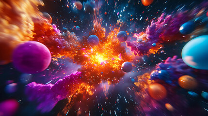 Fototapete - Planets in a dark galaxy and a bright fiery explosion 3d illustration