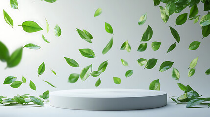 Poster - Product display podium with nature leaves on white background