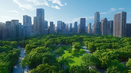 Aufkleber - Public park and high-rise buildings cityscape in metropolis city center, green environment city and downtown business district in panoramic view