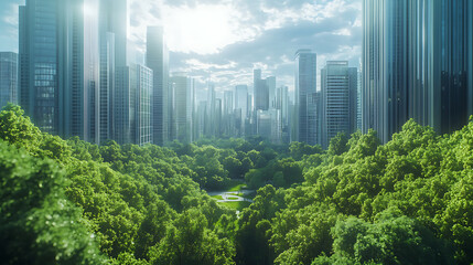 Aufkleber - Public park and high-rise buildings cityscape in metropolis city center, green environment city and downtown business district in panoramic view