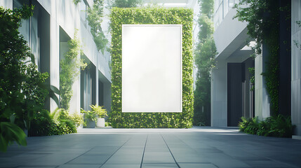 Poster - Public shopping center or business mall featuring an empty blank white mockup signboard for advertisements, surrounded by a green living wall, promoting a sustainable and eco-friendly environment