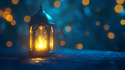 Poster - Ramadan kareem greeting card with glowing lantern and bokeh lights on blue background