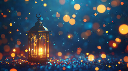 Leinwandbilder - Ramadan kareem greeting card with glowing lantern and bokeh lights on blue background