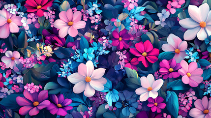 Poster - Raster illustration of abstract seamless floral pattern painted flowers and herbs, beautiful print for your decor and textile design, 3d render raster background