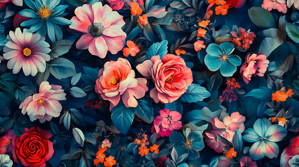 Poster - Raster illustration of abstract seamless floral pattern painted flowers and herbs, beautiful print for your decor and textile design, 3d render raster background