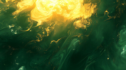 Poster - Raster illustration of acrylic liquid art, dark green waves in the abstract ocean and golden foamy waves, background or texture with marble effect, 3d artwork background