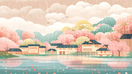 Poster - Raster illustration of beautiful asian settlement lying on the river, land of the rising sun, pink trees, cherry blossoms, sakura, forest, rain, downpour, clouds