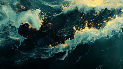 Poster - Raster illustration of acrylic liquid art, dark green waves in the abstract ocean and golden foamy waves, background or texture with marble effect, 3d artwork background