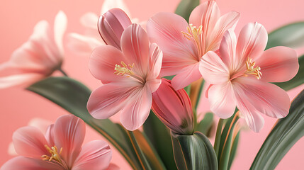 Poster - Raster illustration of bitter root, lewisia rediviva, flower, ecosystem, phytology, gardening, photosynthesis, petals, leaves, stems, bud, pink pastel color, horticulture concept, 3d artwork design
