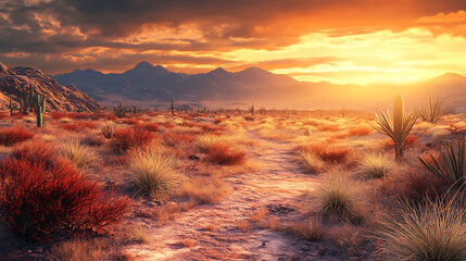 Poster - Raster illustration of savannah paved path with red plants and mountains in the background, dawn, sunset, cloudy sky, orange light, drought, desert, cacti, dry grass, nature concept, 3d rendering