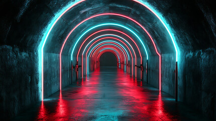 Aufkleber - Raster illustration of old abandoned underground bunker with neon lighting, underpass, laboratory, experiments, post apocalypse, neglected storehouse, stock, 3d artwork raster background for business