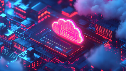 Fototapete - Raster illustration of remote server, cloud storage, hard disk, cyberpunk style, technology, password shelves, data transfer, data storage concept, 3d rendering raster background for business