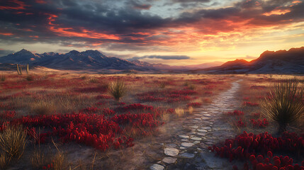 Poster - Raster illustration of savannah paved path with red plants and mountains in the background, dawn, sunset, cloudy sky, orange light, drought, desert, cacti, dry grass, nature concept, 3d rendering