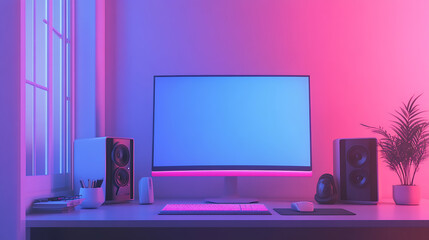 Fototapete - Raster illustration of workplace in dark colors, computer monitor with neon illumination, desktop, window, speakers, keyboard, wires, electronics, smart devices, blue and pink colors, 3d rendering