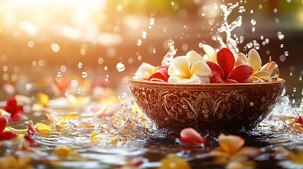 Poster - Realistic songkran background with trditional bowl with water splashes and decoration
