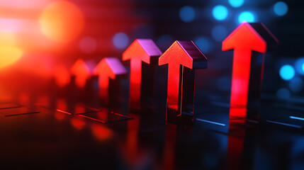 Poster - Red growth arrows pointing up, cost of living and inflation concept, 3d rendering