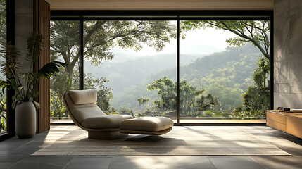 Fototapete - Relax corner interior with armchair and panoramic window, drawer and mockup frame