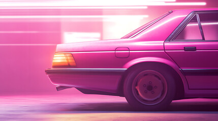 Poster - Retro sythwave 80s style, pink car, vehicles, ultra wide background