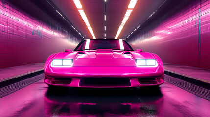 Poster - Retro sythwave 80s style, pink car, vehicles, ultra wide background