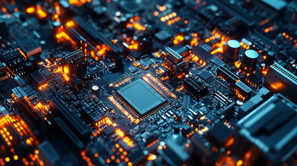 Fototapete - Robotic arms on assembly lines manufacturing circuit boards with chips, cpus, and electronic components, electronics manufacturing technology, robotic arm or manipulator on a factory floor