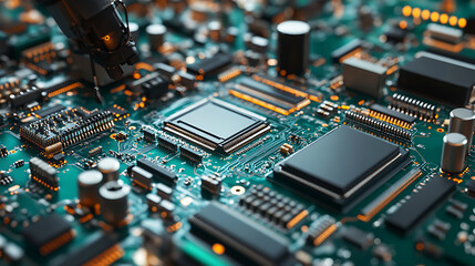Leinwandbilder - Robotic arms on assembly lines manufacturing circuit boards with chips, cpus, and electronic components, electronics manufacturing technology, robotic arm or manipulator on a factory floor
