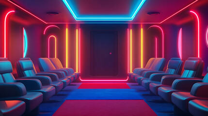 Poster - Room with neon lamps and lots of seats, blue and red neon light, walls of dark colors, waiting room, reception, colorful carpet on the floor, design, architecture, futurism concept, 3d raster artwork