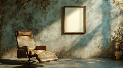 Poster - Rustic recliner chair near stucco wall with textured poster frame, boho interior design of modern living room in farmhouse