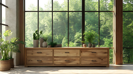 Poster - Rustic table against long chest of drawers in room with big grid windows, minimalist home interior design of modern living room in house in forest