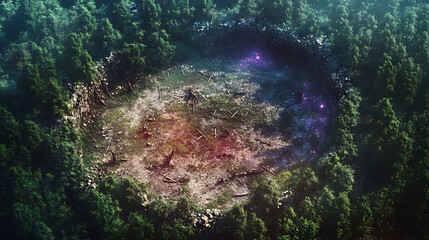 Poster - Satellite imagery, detailed, fantasy world building, forest turning into meadow, ancient battlefield, discarded weapons sticking out of the earth, sporadic colorful magical glow