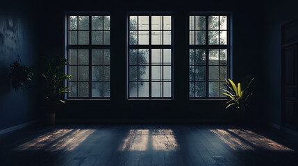 Fototapete - Side view on dark empty room interior with panoramic windows