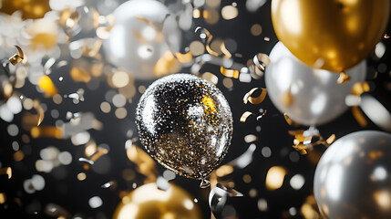 Poster - Silver and gold themed balloon background with confetti and streamers