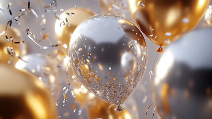 Poster - Silver and gold themed balloon background with confetti and streamers