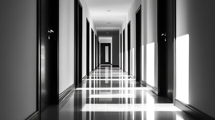 Poster - Simple clean newly built generic modern new real estate block of flats interior, long black corridor with black doors, perspective, new bought apartment, hallway abstract concept