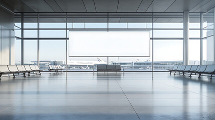 Aufkleber - Sleek airport waiting area with a white banner mockup and expansive glass facade