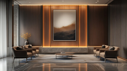 Aufkleber - Sleek reception area with poster frame and natural wood accents, contemporary design concept