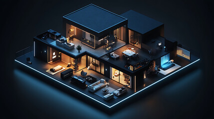 Fototapete - Smart home concept, isometric view, dark colors with neon accents, exuding a sense of luxury, technology, and futuristic design associated with modern automated living spaces
