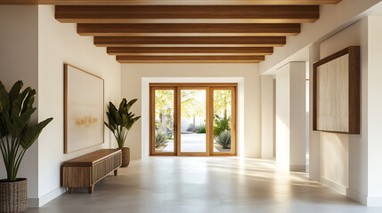 Fototapete - Spacious hallway with beam ceiling and wooden console table, interior design of modern rustic entrance hall with door in farmhouse
