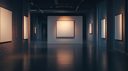 Poster - Spotlight on blank gallery display with dark ambient lighting, exhibition concept