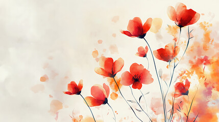 Poster - Spring floral background with red, orange flowers in a watercolor minimalist style, botanical flowers for postcards, invitations, 3d artwork