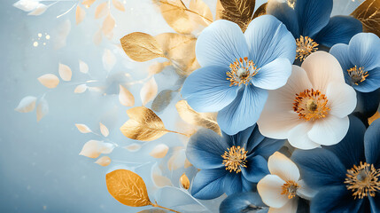 Poster - Spring bouquet of flowers with blue and gold leaves, beautiful, minimalist print for your decor for postcard, congratulations and poster