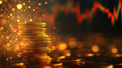 Poster - Stack of gold coins overlay with data points, finance and data, against blurred stock graph