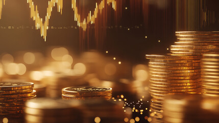 Aufkleber - Stack of gold coins overlay with data points, finance and data, against blurred stock graph