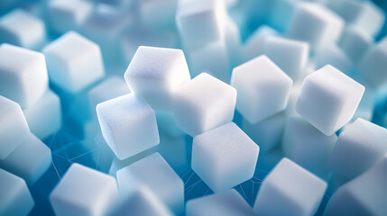 Fototapete - Stack of white cubes of sugar, this is an abstract version of sugar sweetener, a low poly style design, a modern 3d design concept with a blue geometric background, a wireframe connection structure