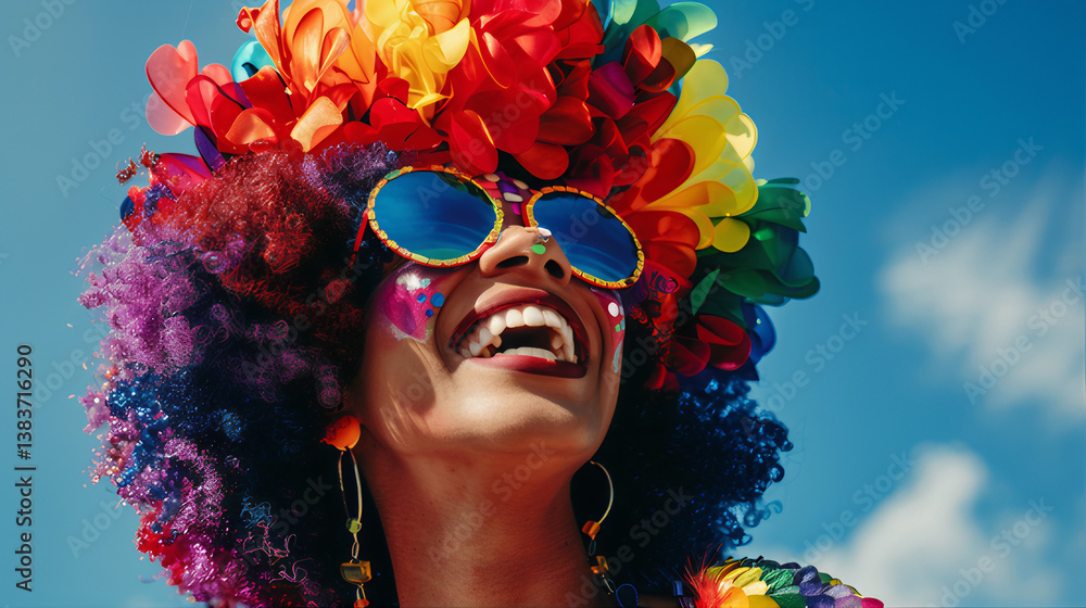 A vibrant black drag queen in rainbow Afro wig at a pride festival ...