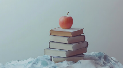 Poster - Stacked pile of books with an apple on top, symbolizing knowledge and academic success, set against a minimalist background with copy space, education inspiration and personal growth