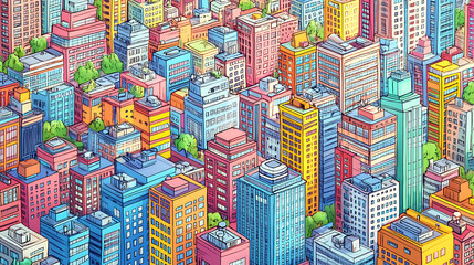 Aufkleber - Stylized drawing of vibrant cityscape with buildings, showcasing urban renewal and sustainable mixed-use development, public infrastructure and landscape planning for urban environment