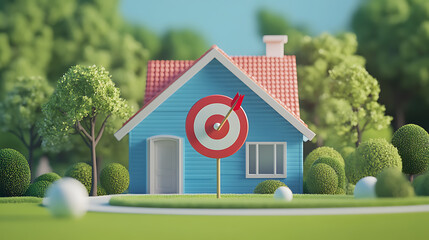 Poster - Successful real estate sales concept, featuring a symbolic arrow hitting the bullseye on a target, representing the achievement of a sales goal in the perfect location for a house