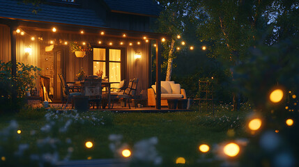Aufkleber - Summer evening on the patio of a beautiful suburban house with lights in the garden